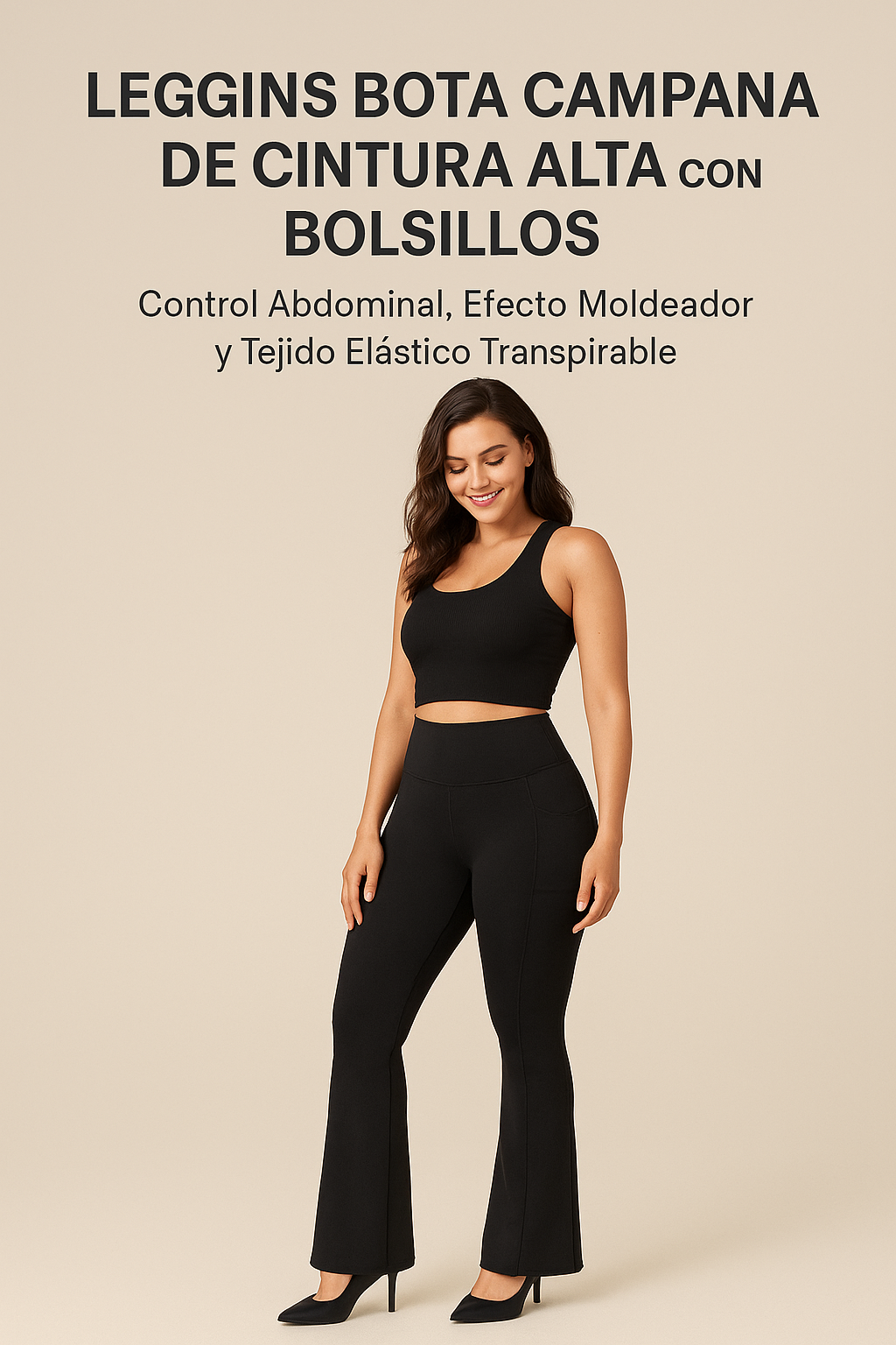 Leggins Bota Campana de Cintura Alta con Bolsillos – Control Abdominal, Efecto Moldeador y Tejido Elástico Transpirable 👑