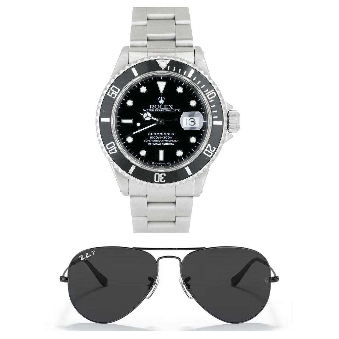 RELOJ ROLEX PLATA NEGRO + GAFAS RAYBAN PREMIUM ® El Combo Perfecto Para Un Look Firme, Moderno y Seguro