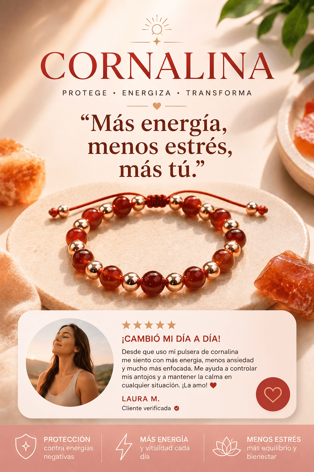 Tu amuleto diario de energía, calma y protección - Pulsera De Piedra Cornalina