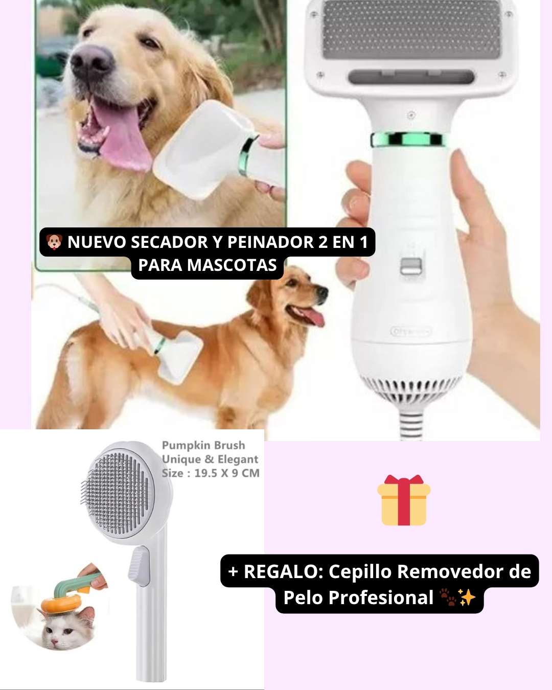 🐶 NUEVO SECADOR Y PEINADOR 2 EN 1 PARA MASCOTAS  + REGALO🎁: Cepillo Removedor de Pelo Profesional 🐾✨